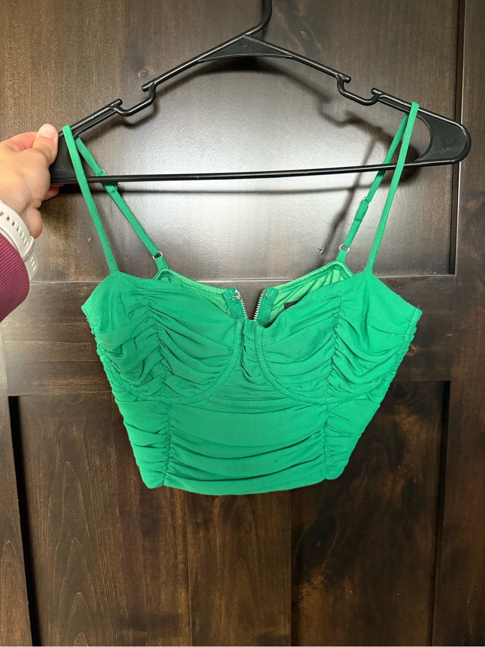 White Fox Boutique Green Ruched Spaghetti Crop Cami